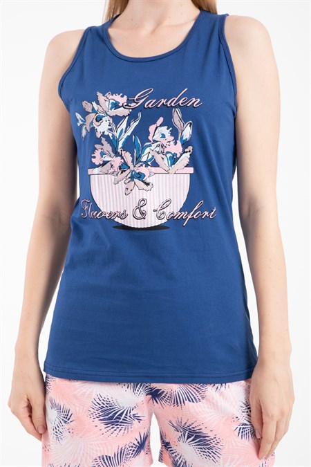 Women's Patterned Navy Blue Shorts Pajama Set