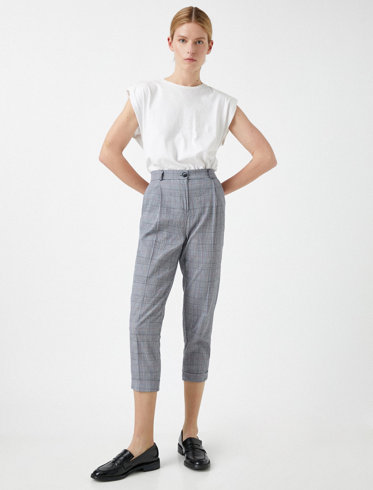 Koton Grey Red Checked Casual Women's Pants