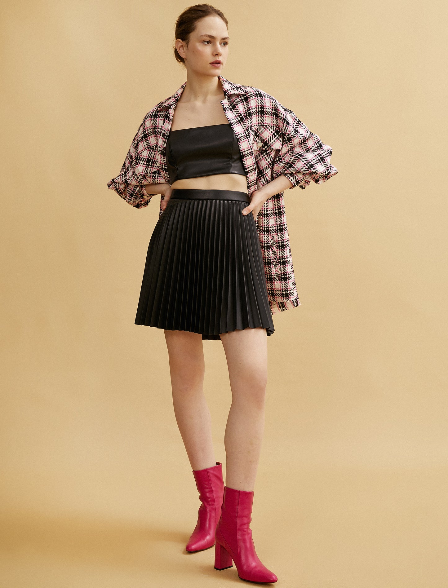 Koton's Leather Look, Pleated, Mini Skirt