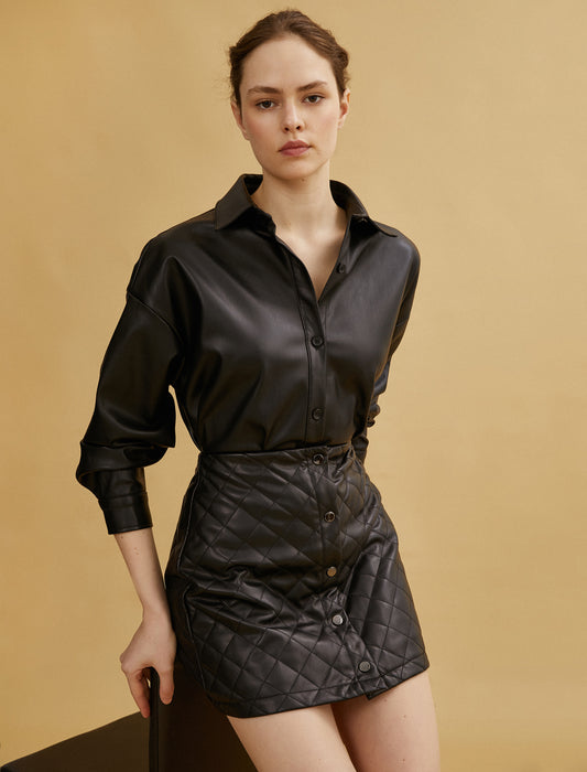 Koton's Leather Look, Quilted, Button Detailed Skirt