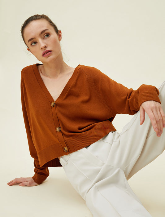 Koton Buttoned Crop Cardigan - Terracotta