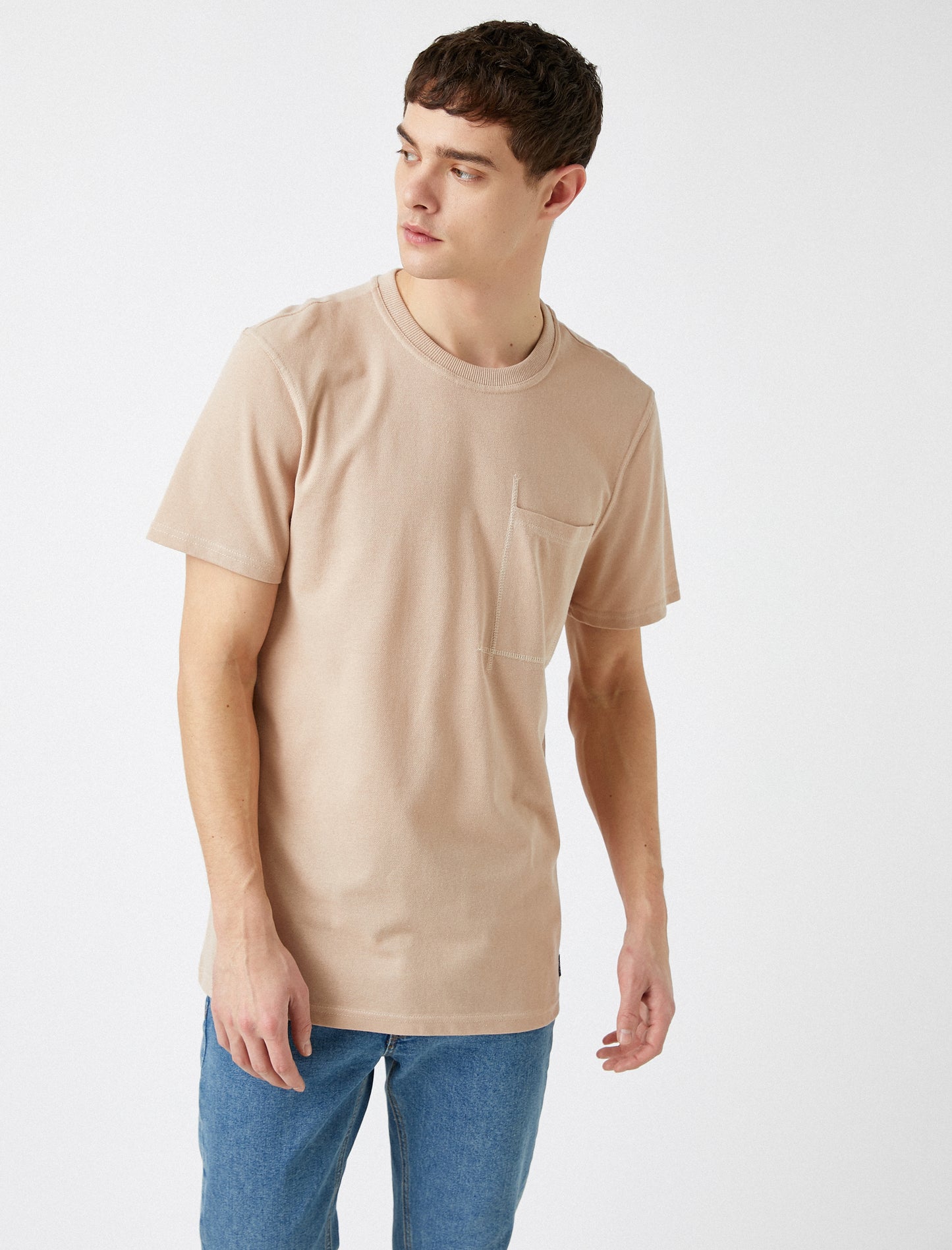 Koton Basic Crew Neck Men's T-Shirt with Pocket - Beige