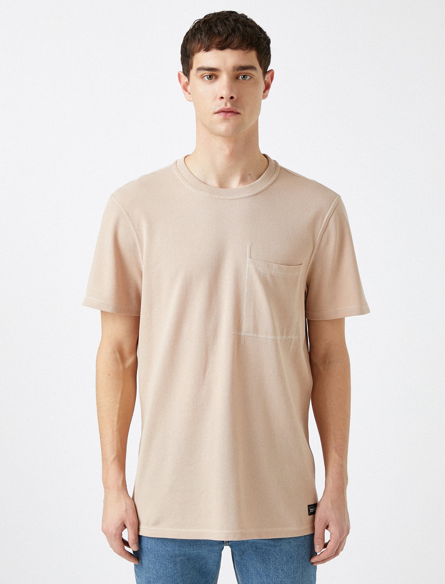 Koton Basic Crew Neck Men's T-Shirt with Pocket - Beige