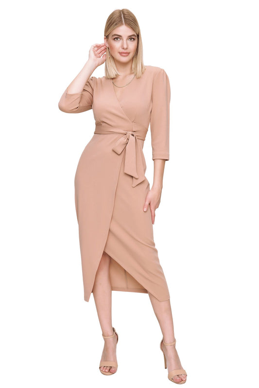 Women's Wrap Collar Beige Midi Dress