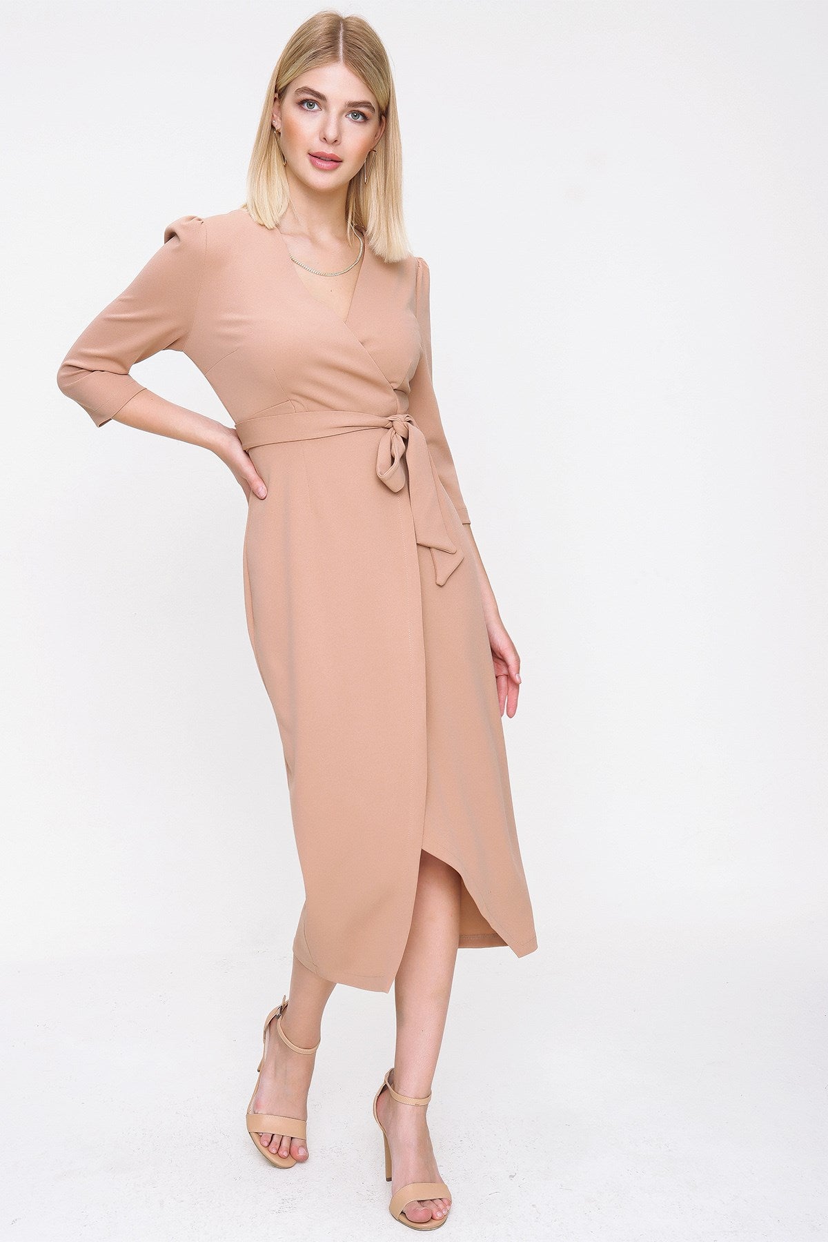 Women's Wrap Collar Beige Midi Dress