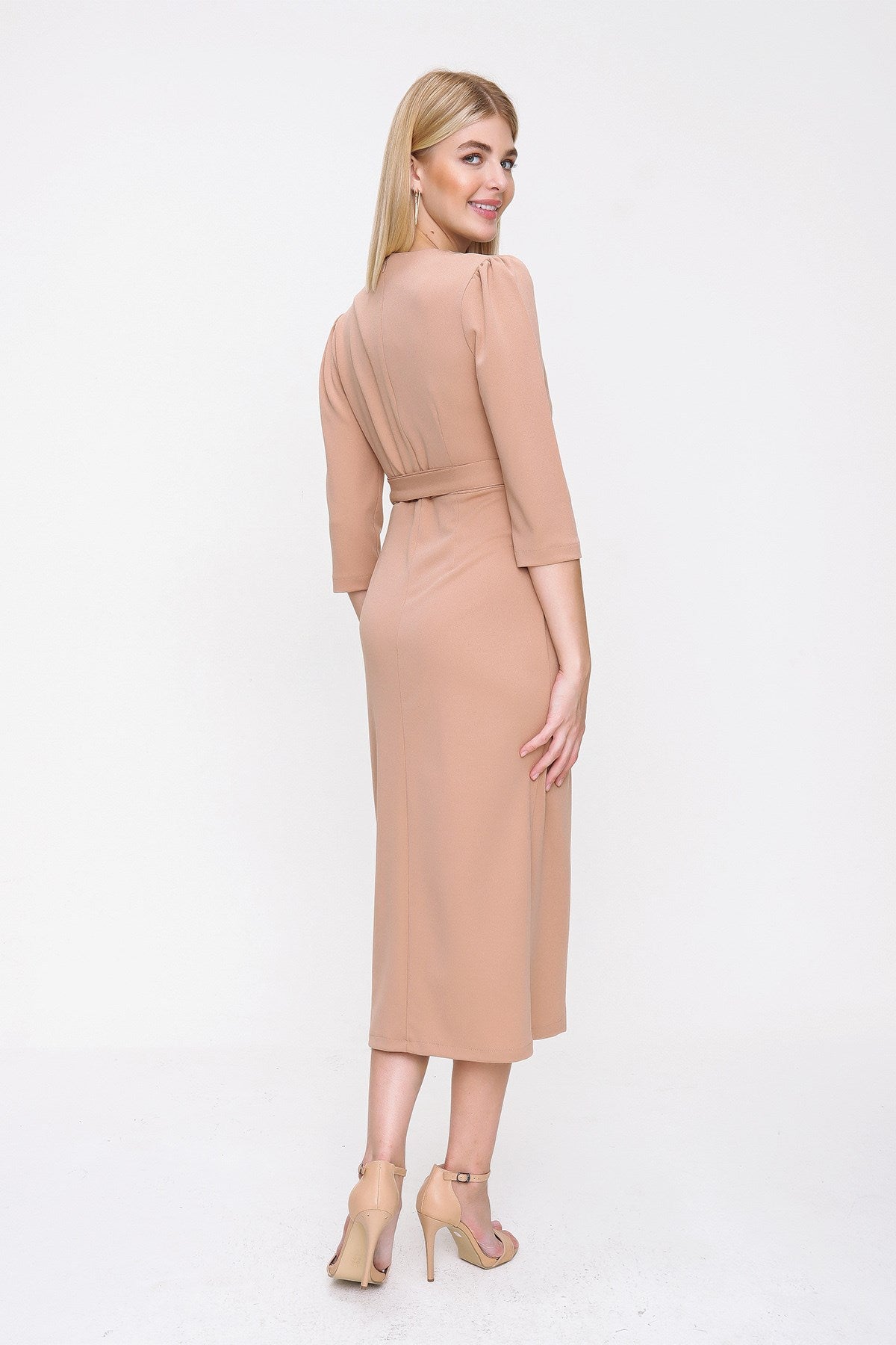 Women's Wrap Collar Beige Midi Dress