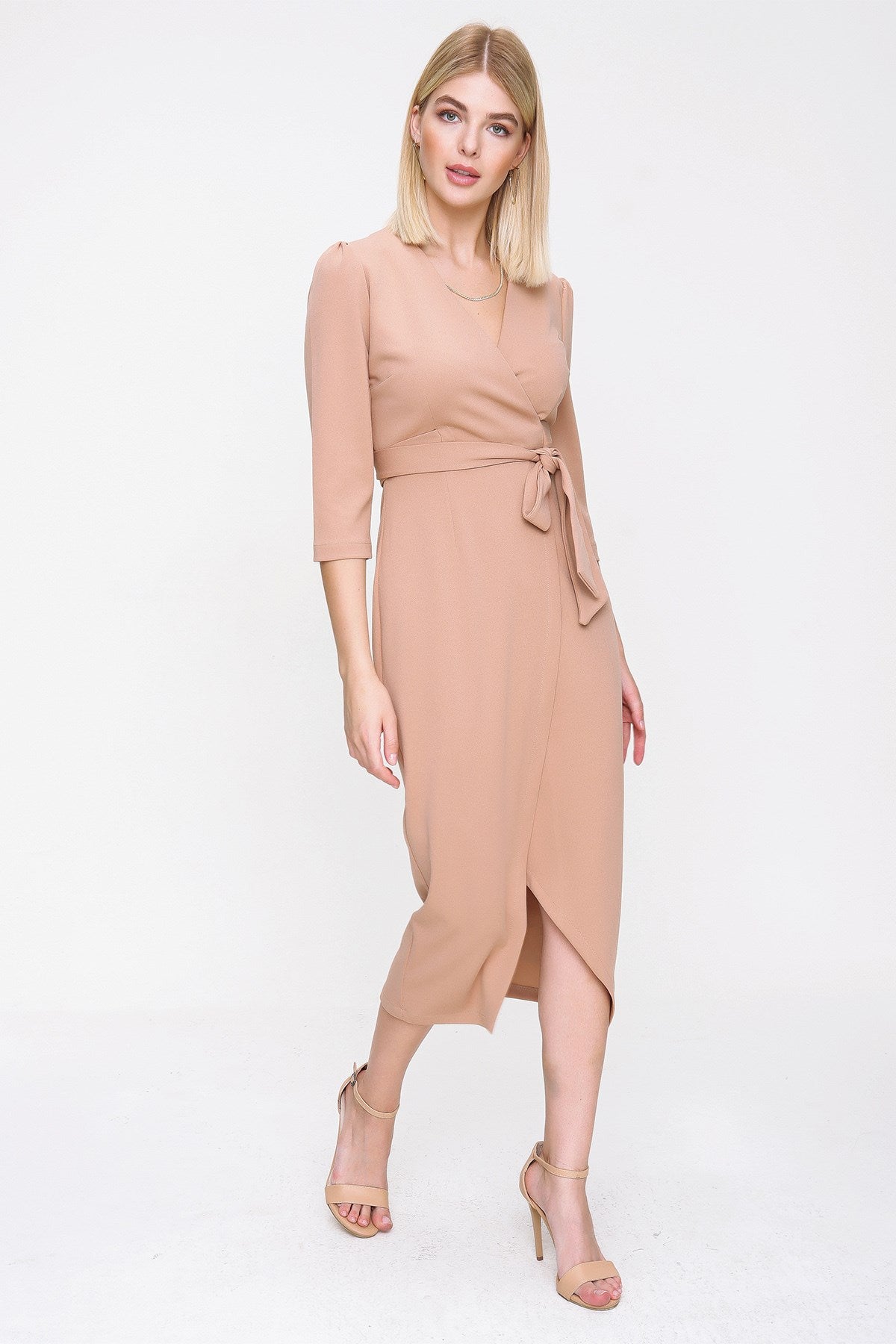 Women's Wrap Collar Beige Midi Dress