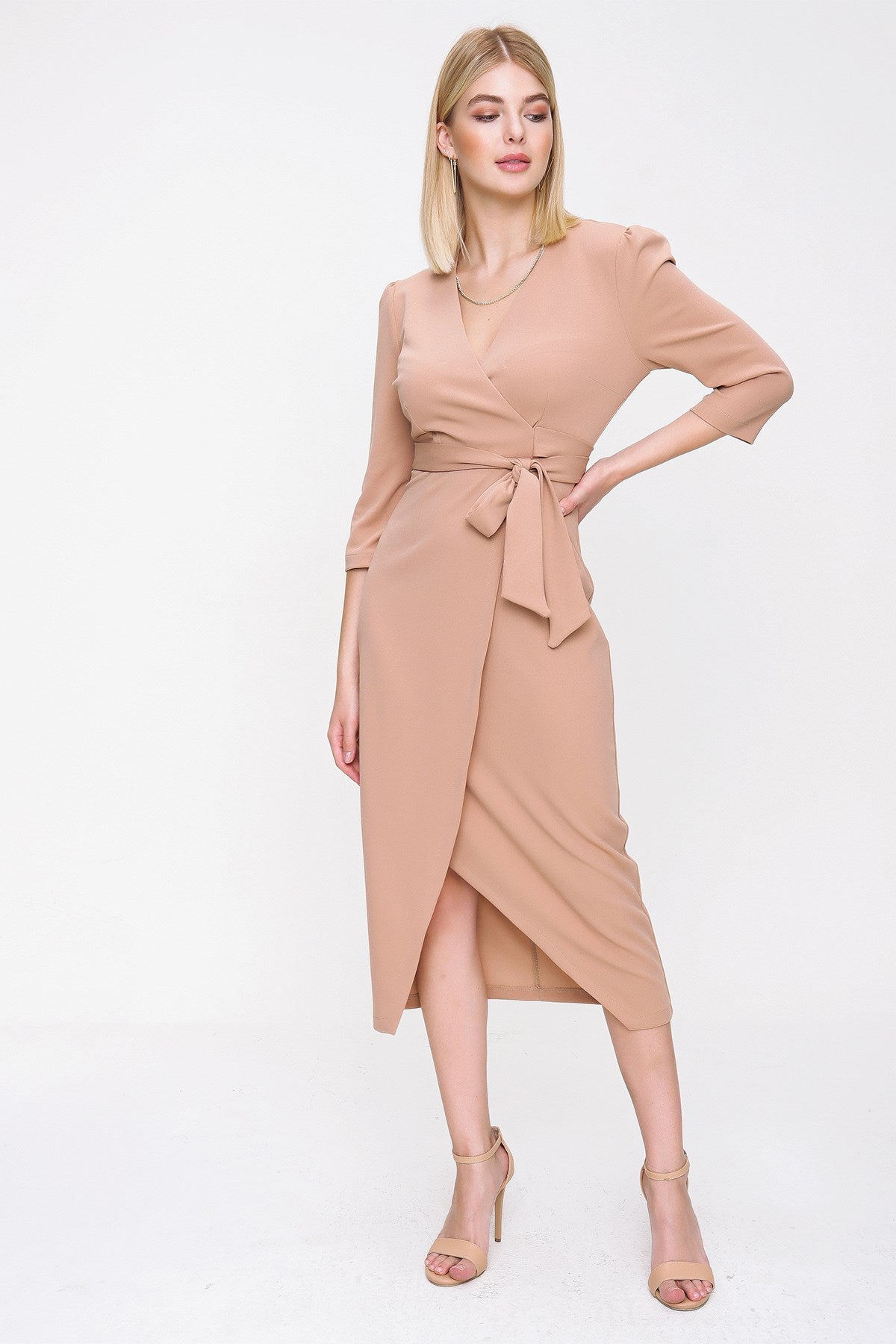 Women's Wrap Collar Beige Midi Dress