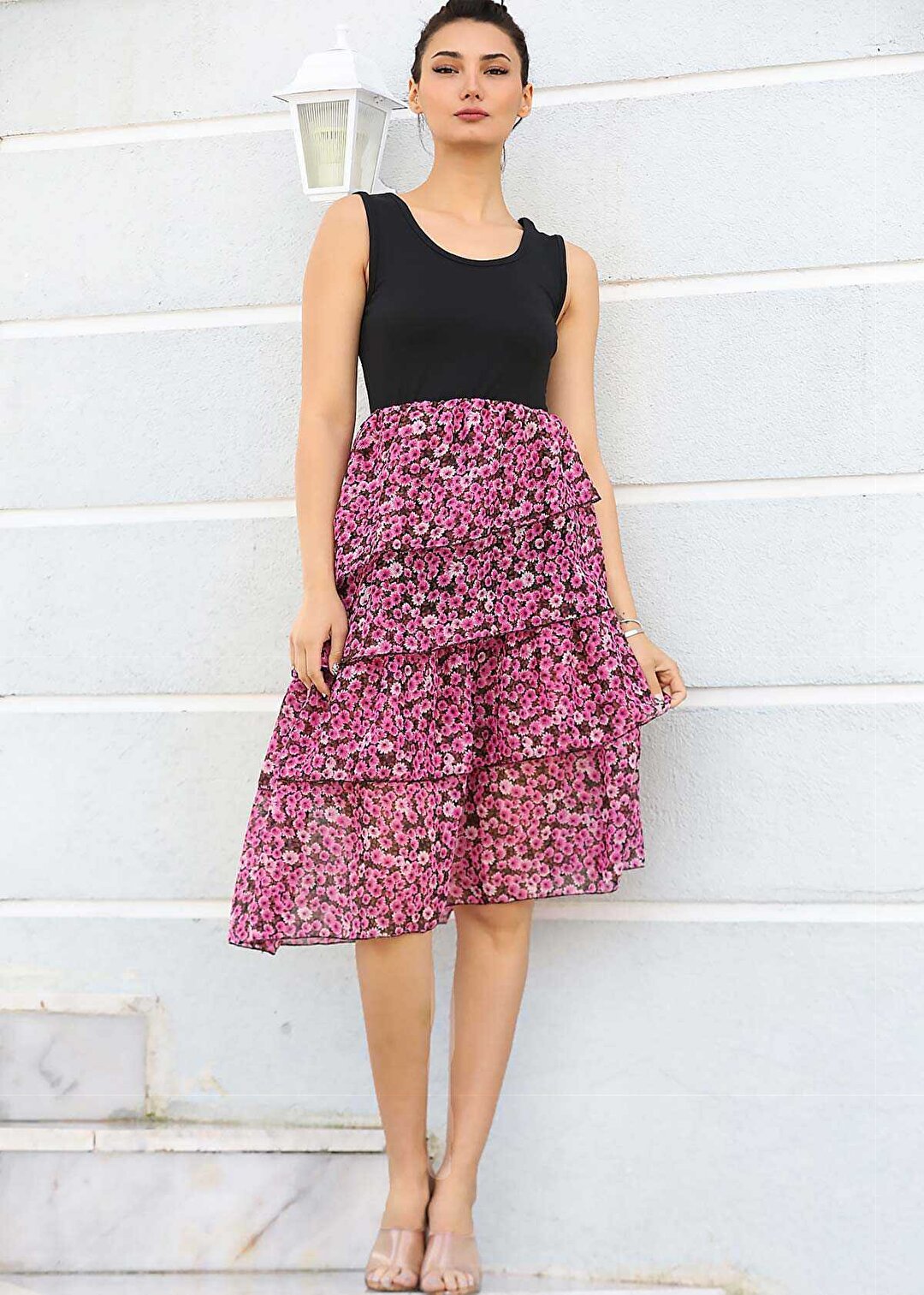 Women's Patterned Hem Pink - Black Chiffon Short Dress