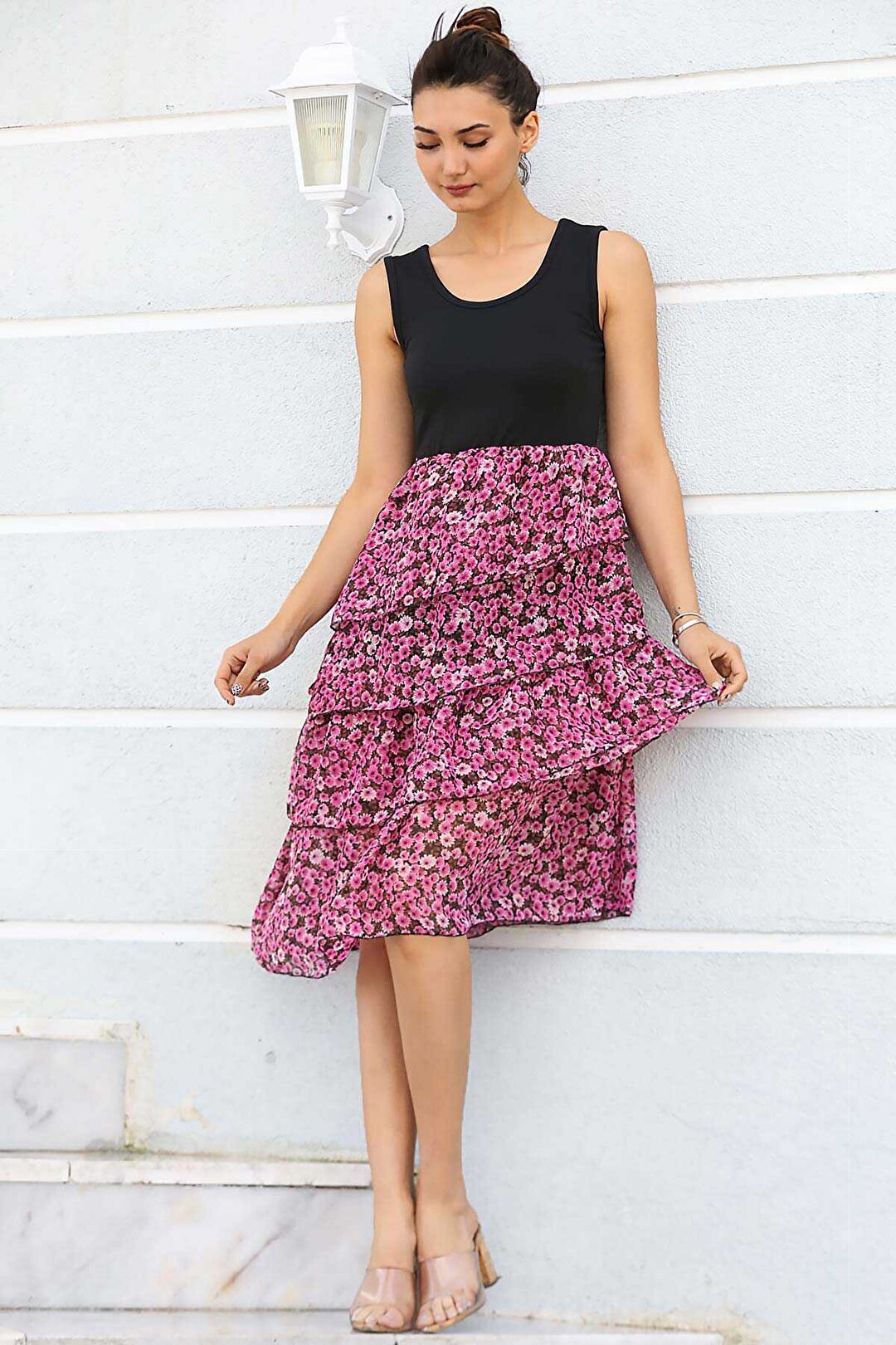 Women's Patterned Hem Pink - Black Chiffon Short Dress