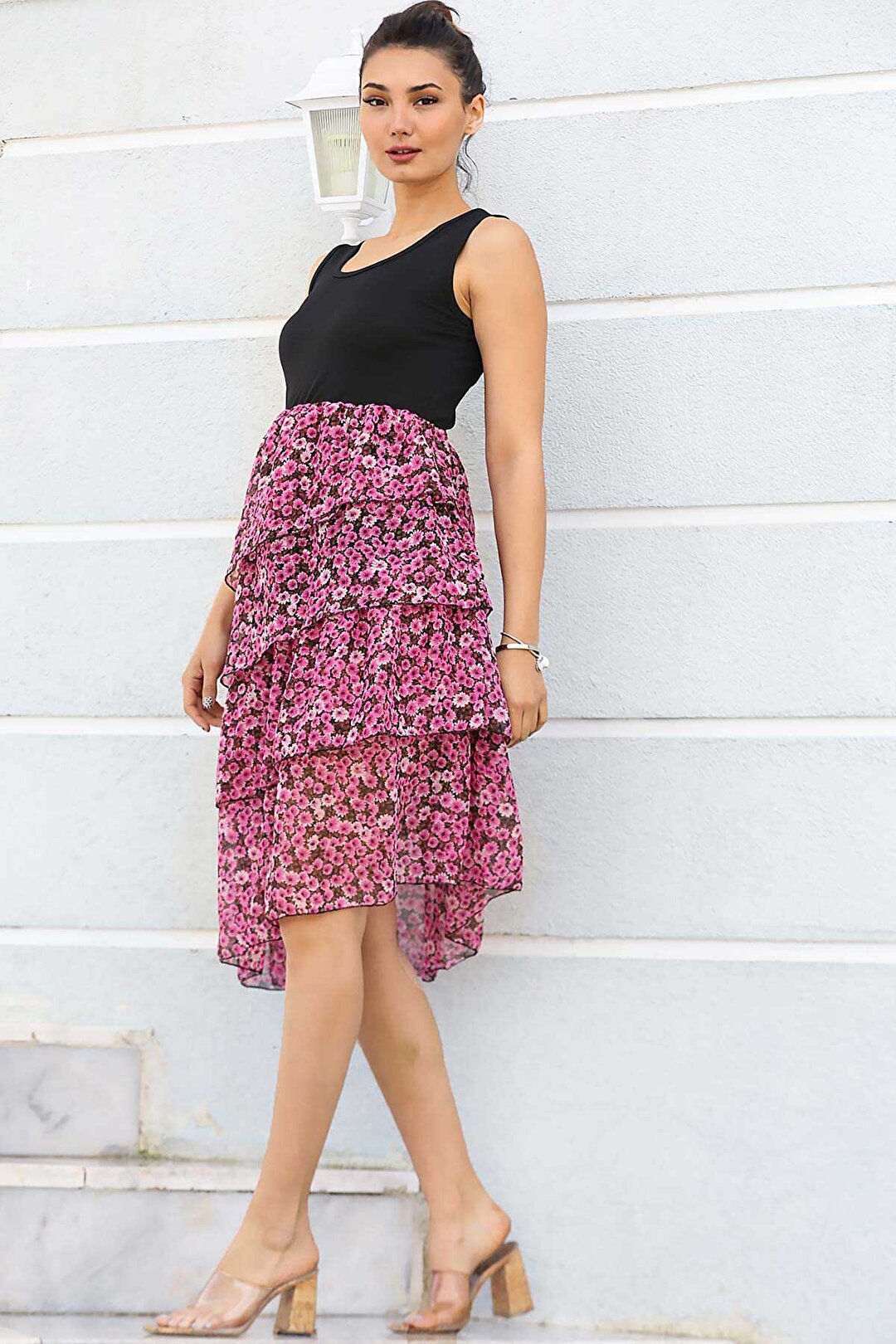 Women's Patterned Hem Pink - Black Chiffon Short Dress