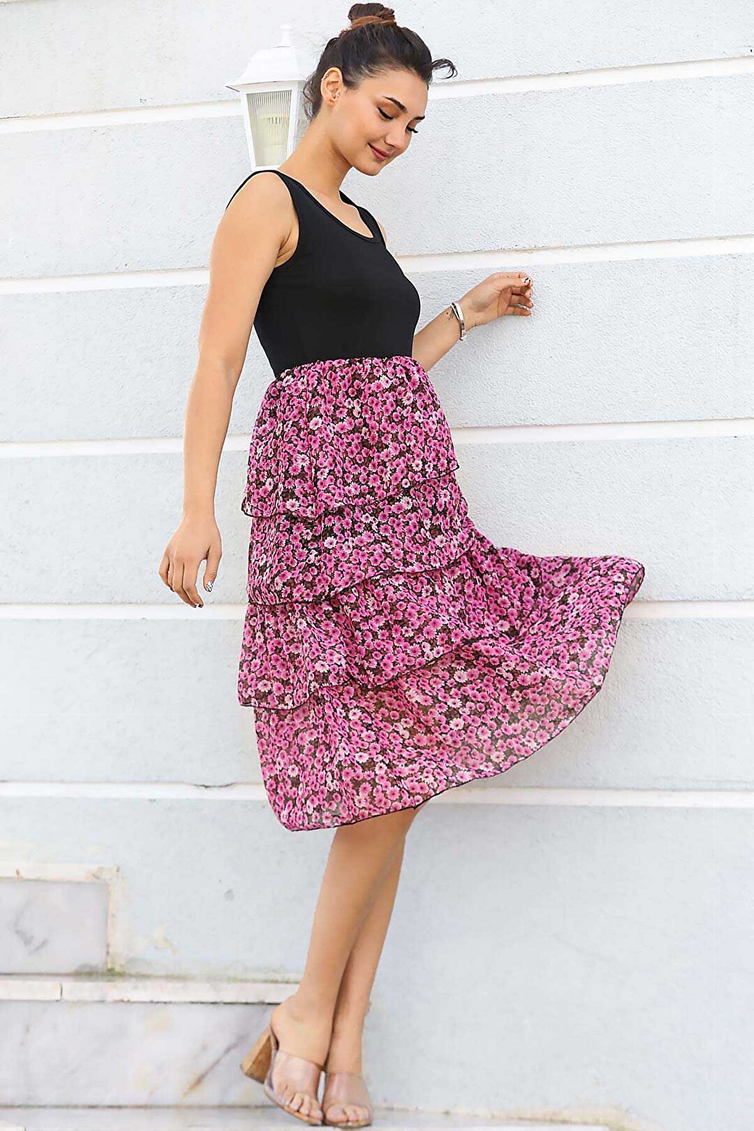 Women's Patterned Hem Pink - Black Chiffon Short Dress