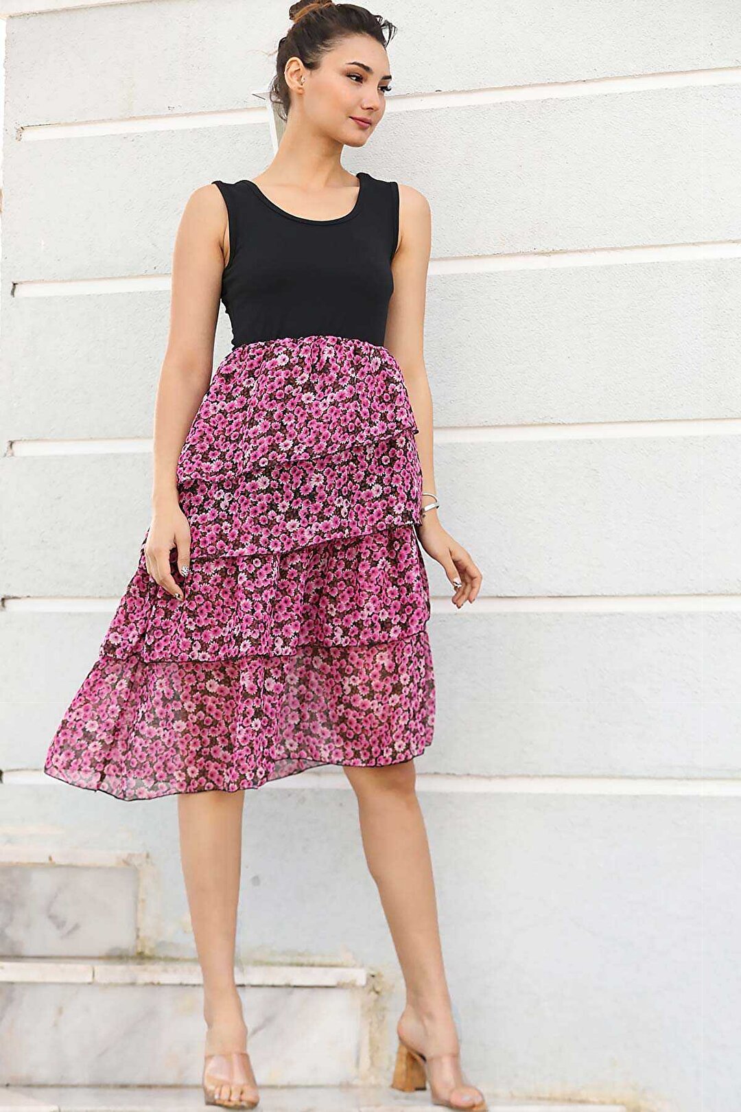 Women's Patterned Hem Pink - Black Chiffon Short Dress