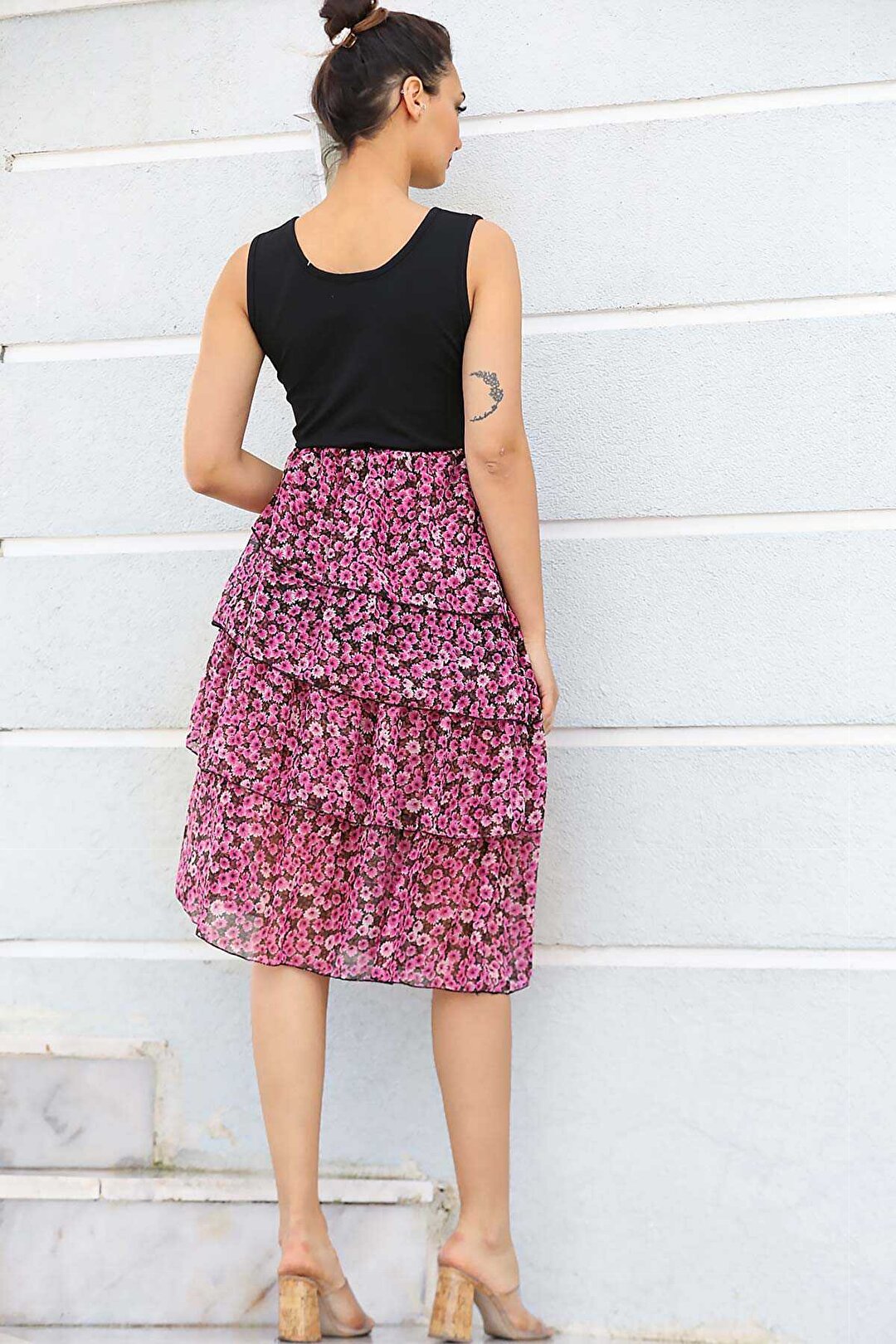 Women's Patterned Hem Pink - Black Chiffon Short Dress