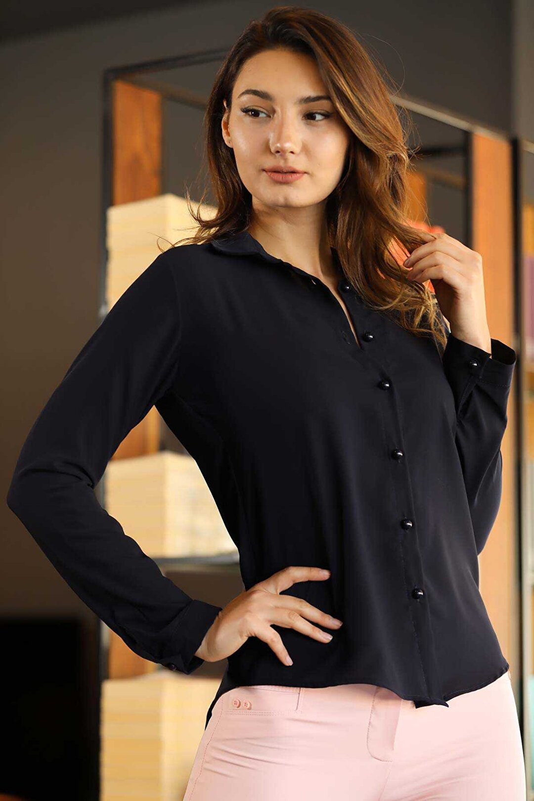 Women's Button Navy Blue Shirt