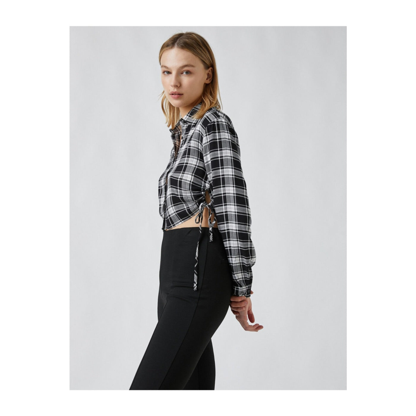 Koton Black and White Long Sleeve Crop Lady's Shirt