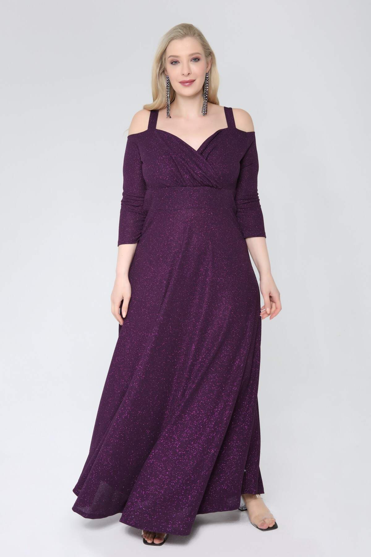 Women's Oversize Strappy Glitter Long Evening Dress