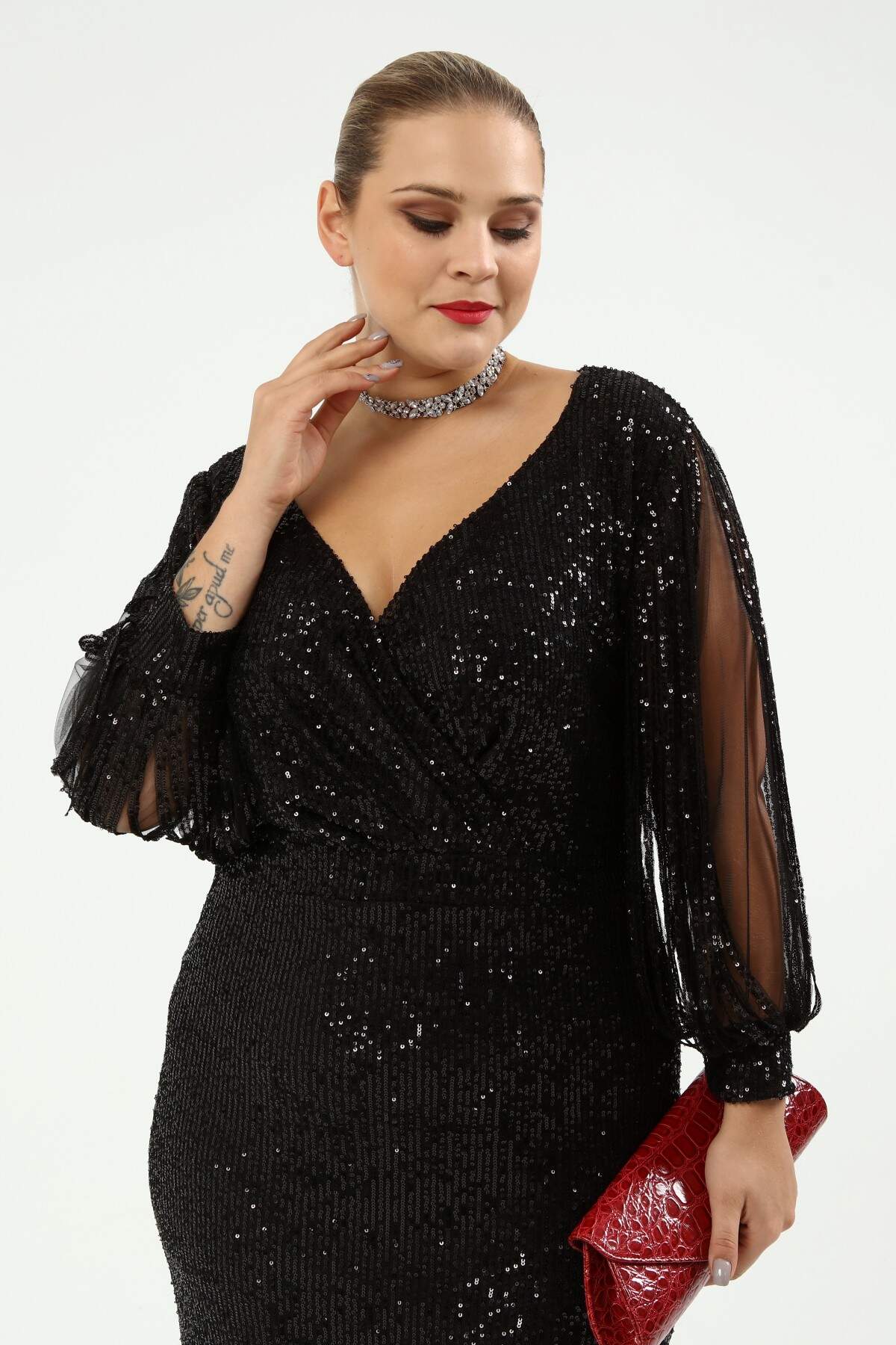 Women's Oversize Sequin Detail Black Evening Dress