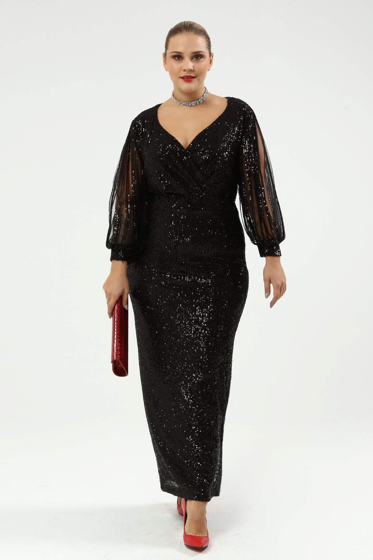 Women's Oversize Sequin Detail Black Evening Dress