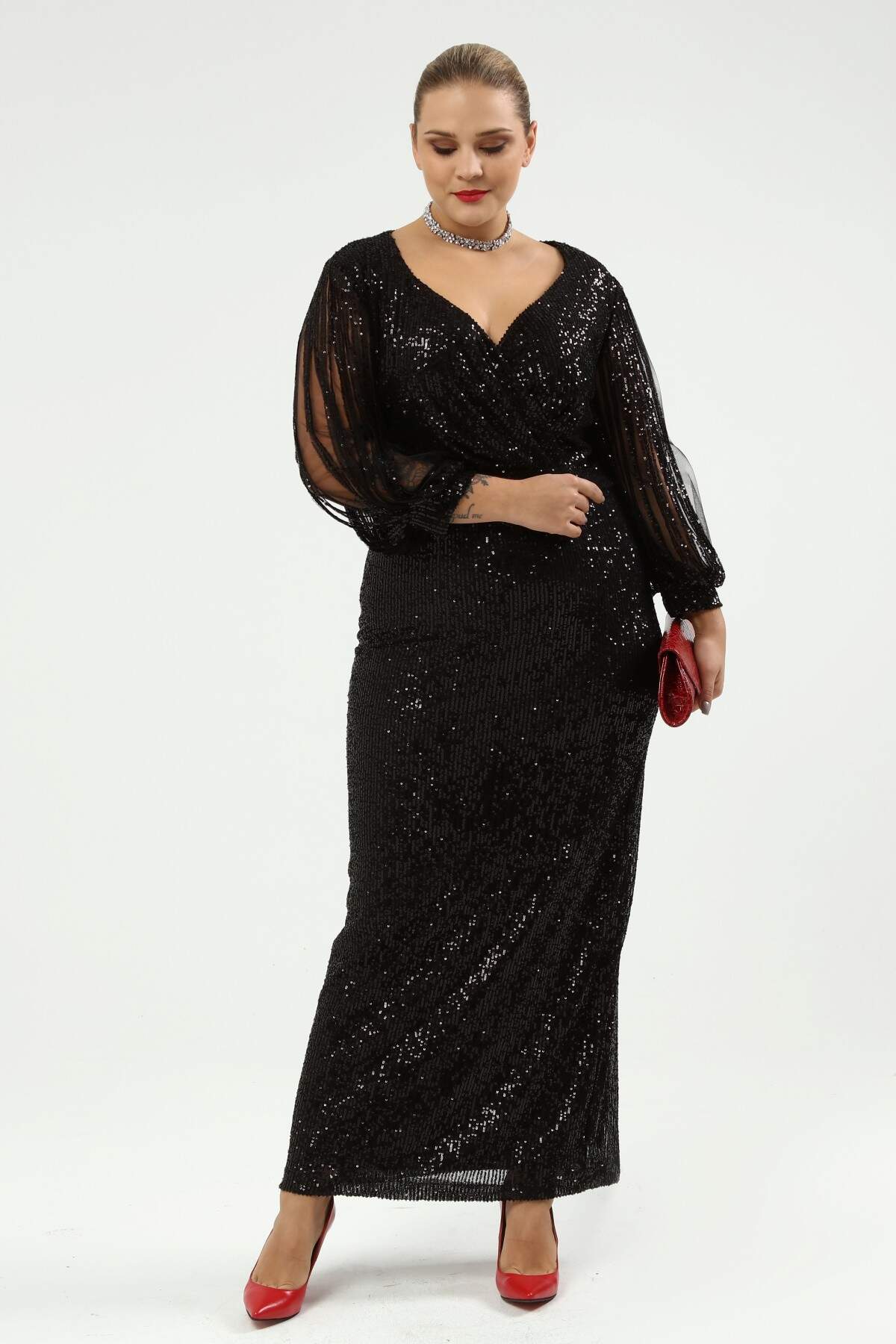 Women's Oversize Sequin Detail Black Evening Dress