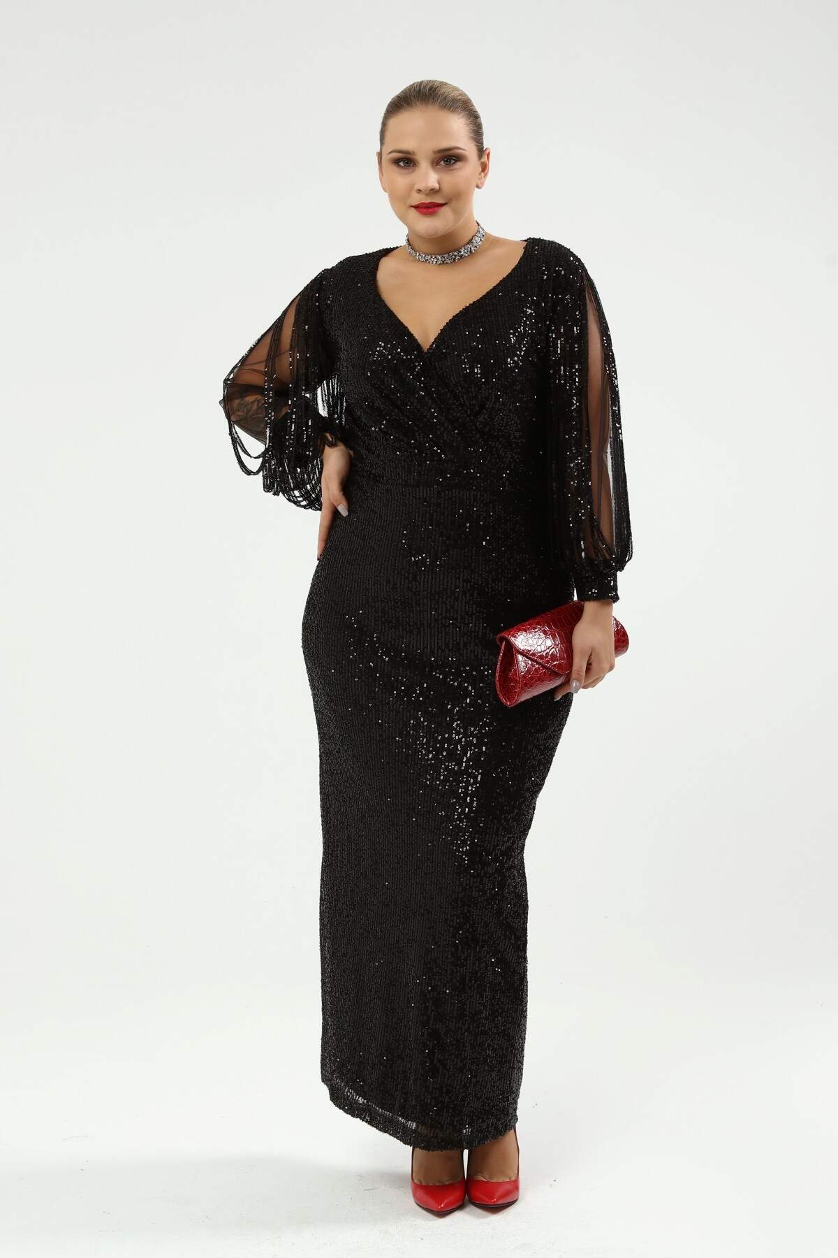 Women's Oversize Sequin Detail Black Evening Dress