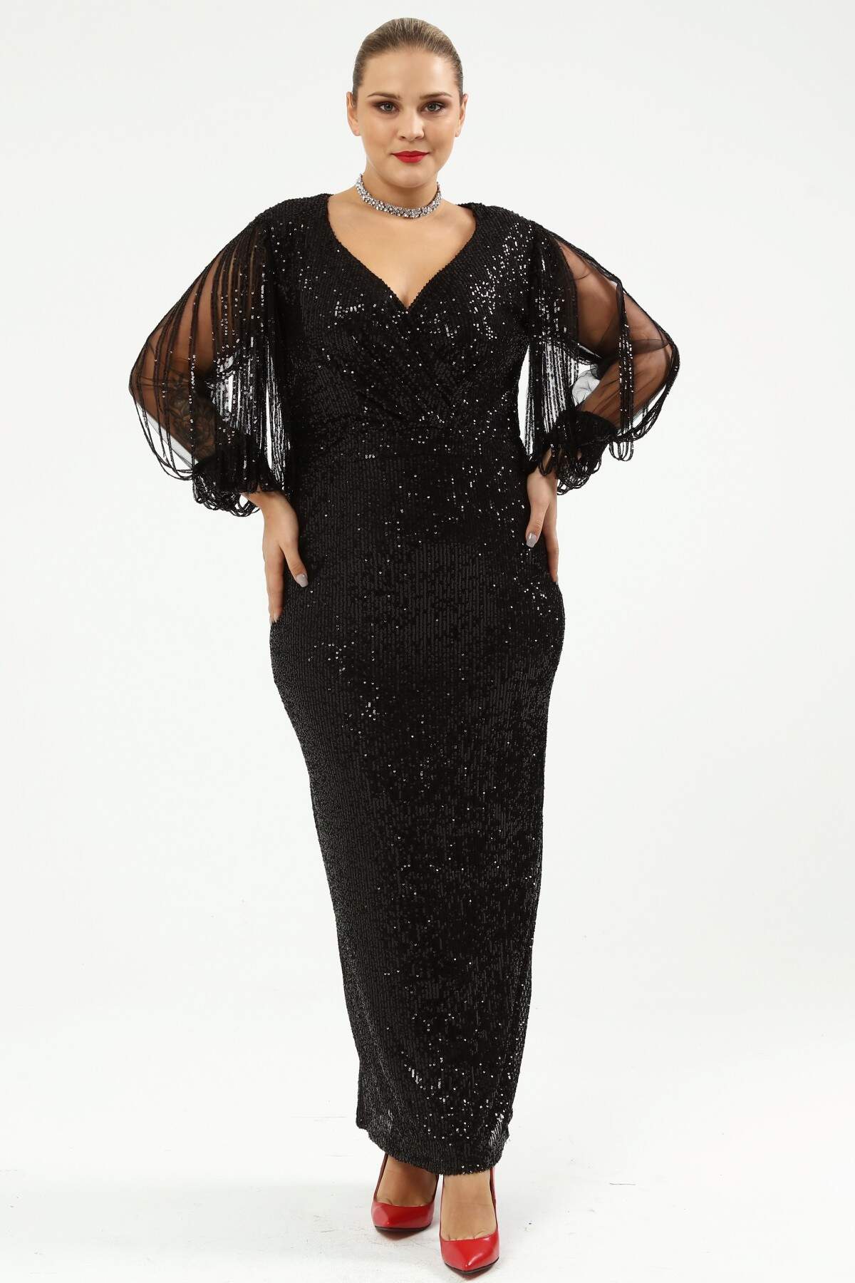 Women's Oversize Sequin Detail Black Evening Dress