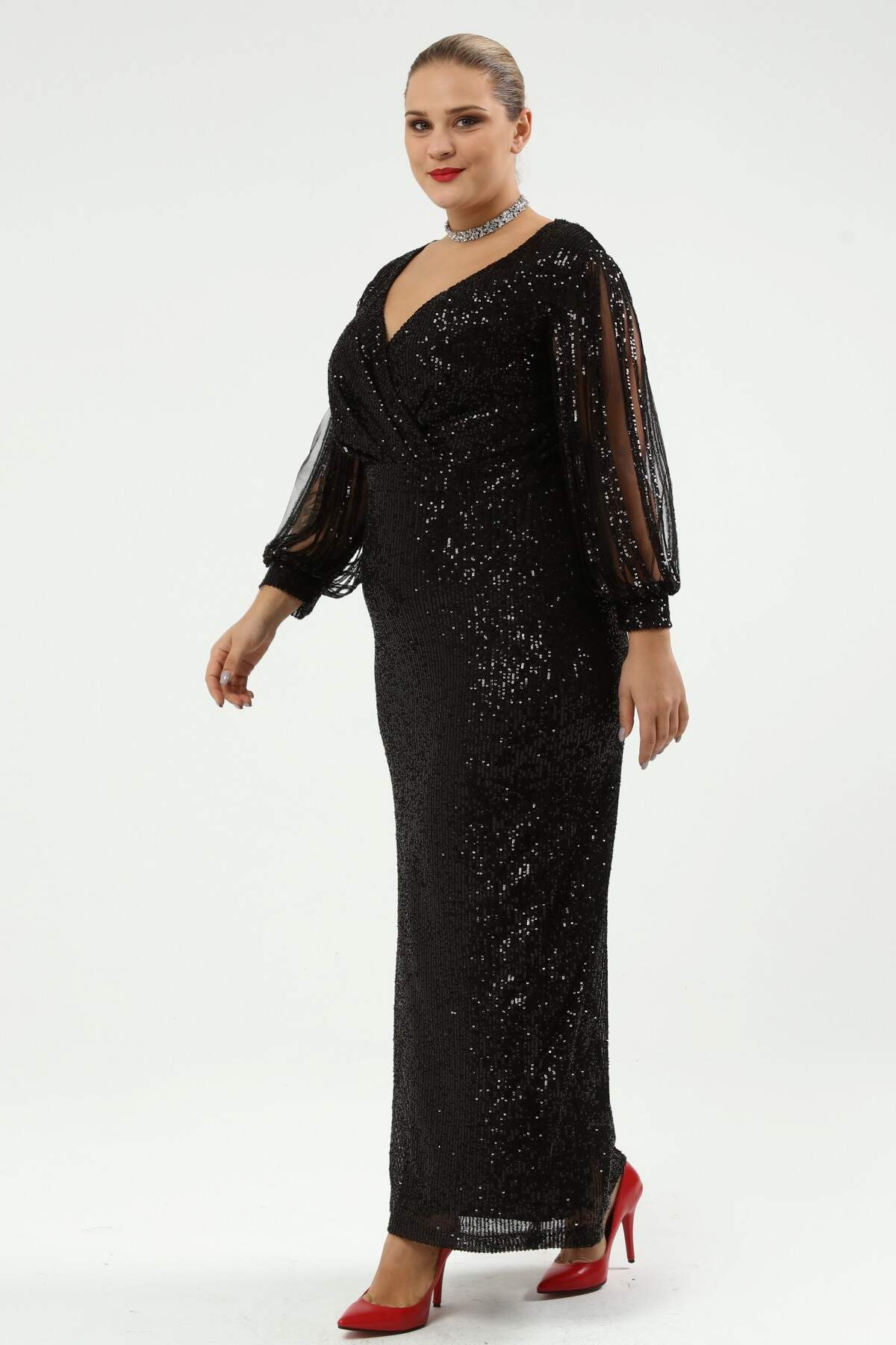 Women's Oversize Sequin Detail Black Evening Dress