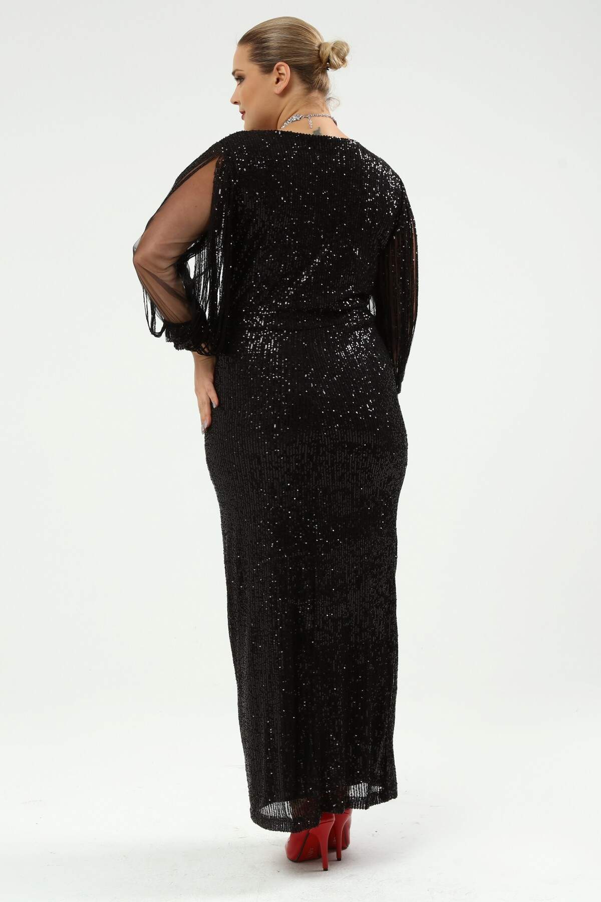 Women's Oversize Sequin Detail Black Evening Dress