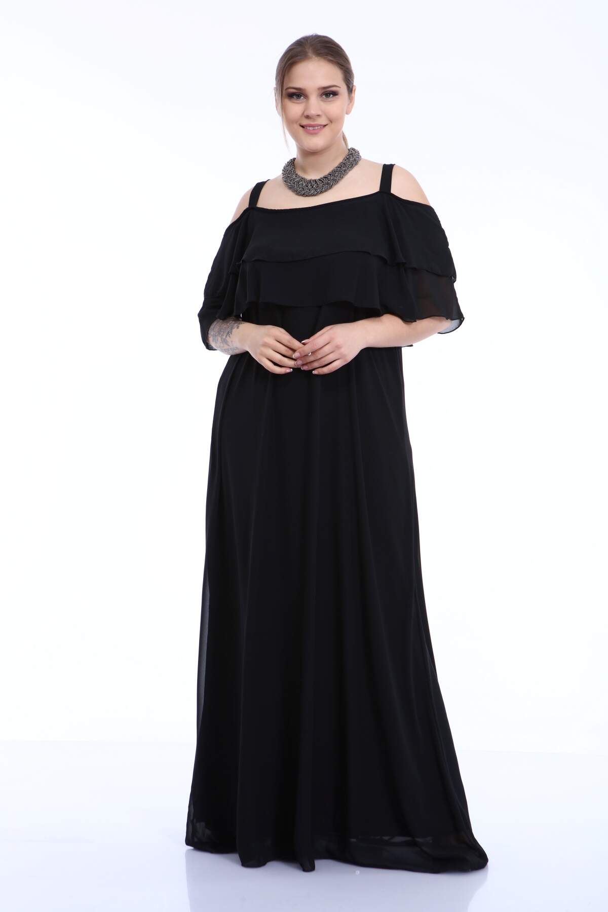 Women's Oversize Strappy Black Chiffon Evening Dress