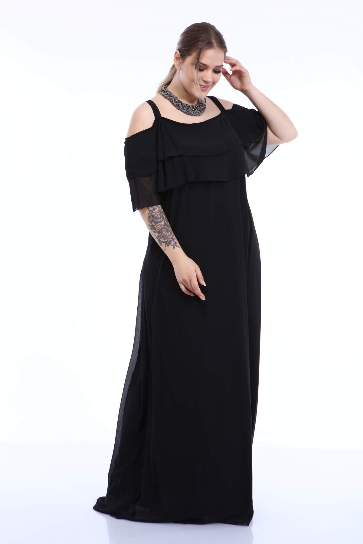 Women's Oversize Strappy Black Chiffon Evening Dress