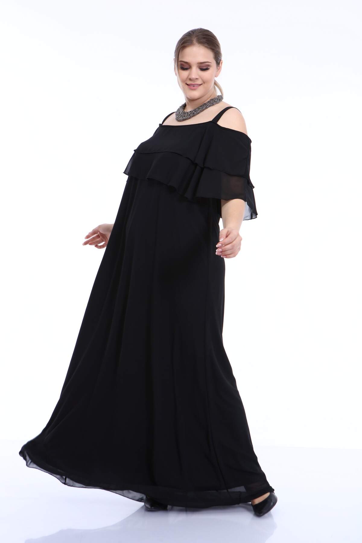 Women's Oversize Strappy Black Chiffon Evening Dress