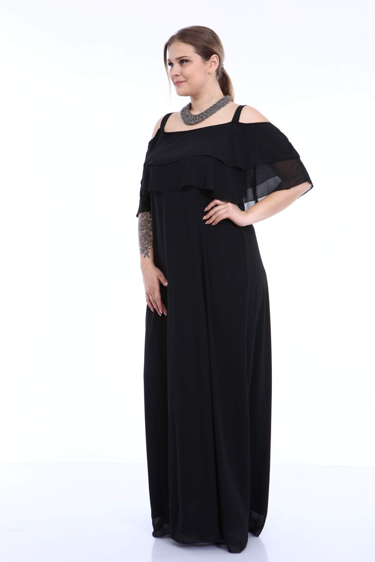 Women's Oversize Strappy Black Chiffon Evening Dress