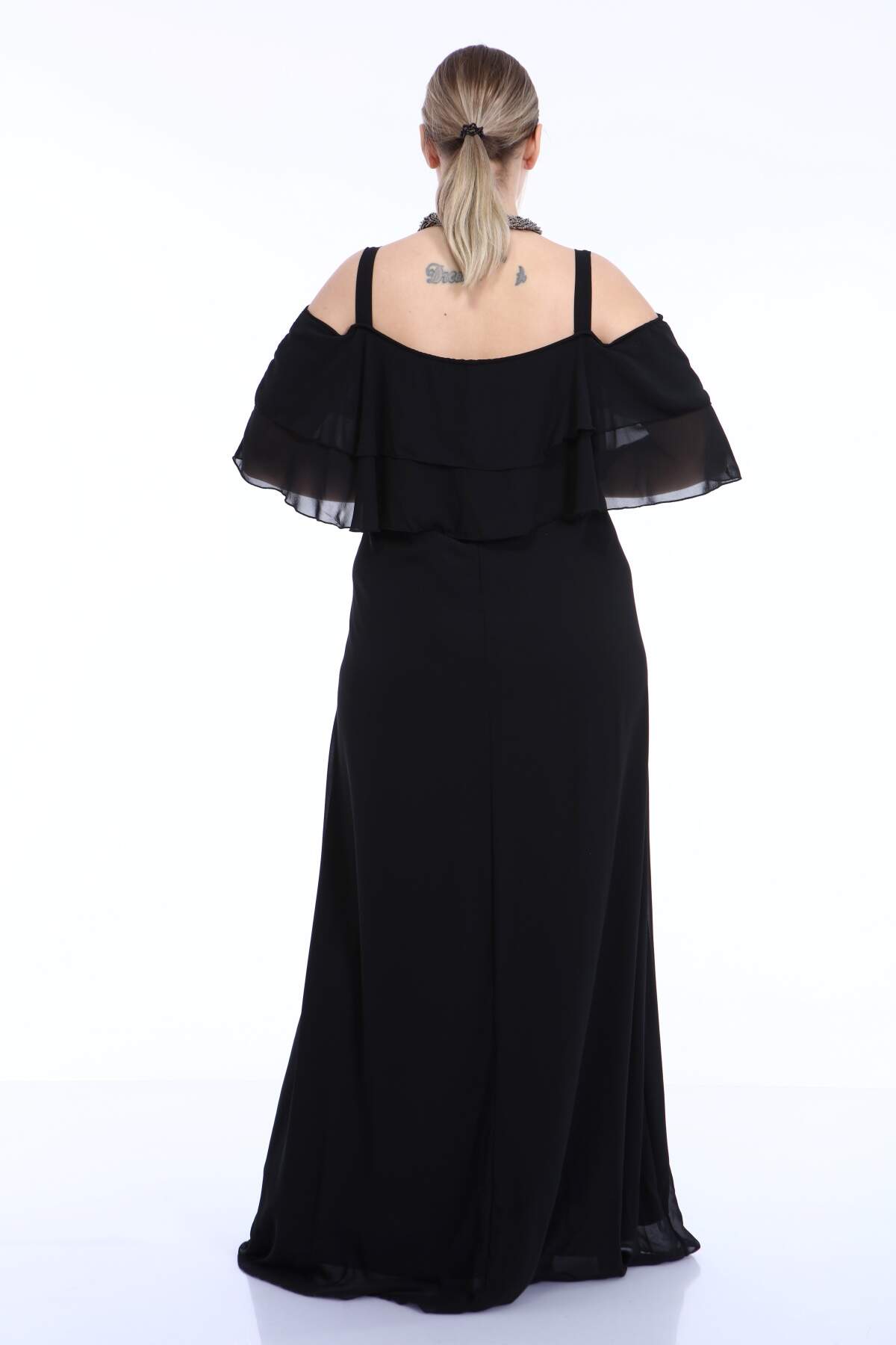 Women's Oversize Strappy Black Chiffon Evening Dress