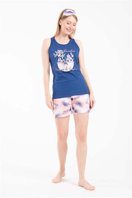 Women's Patterned Navy Blue Shorts Pajama Set