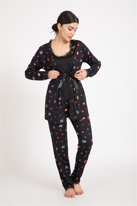 Women's Black Viscose Pajama Set - 3 Pieces