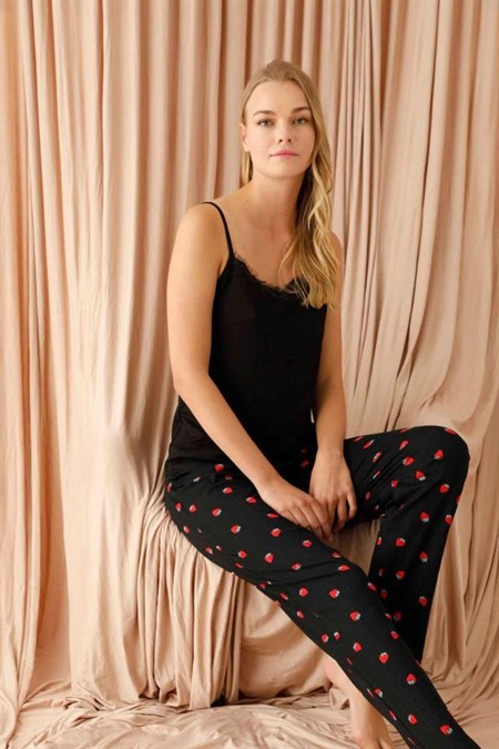 Women's Black Viscose Pajama Set - 3 Pieces