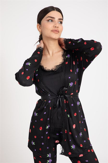 Women's Black Viscose Pajama Set - 3 Pieces