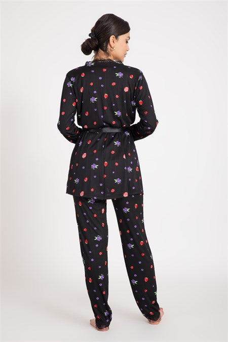 Women's Black Viscose Pajama Set - 3 Pieces