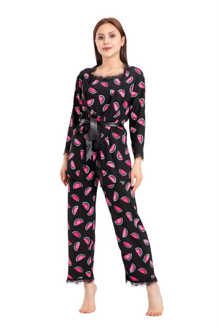 Women's Patterned Black Pajama Set - 3 Pieces