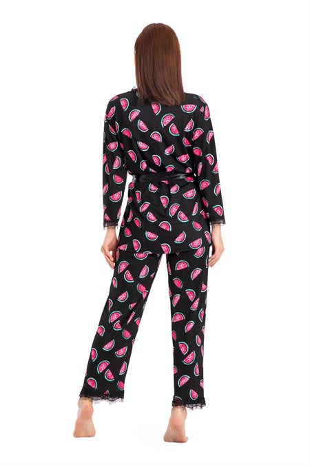 Women's Patterned Black Pajama Set - 3 Pieces