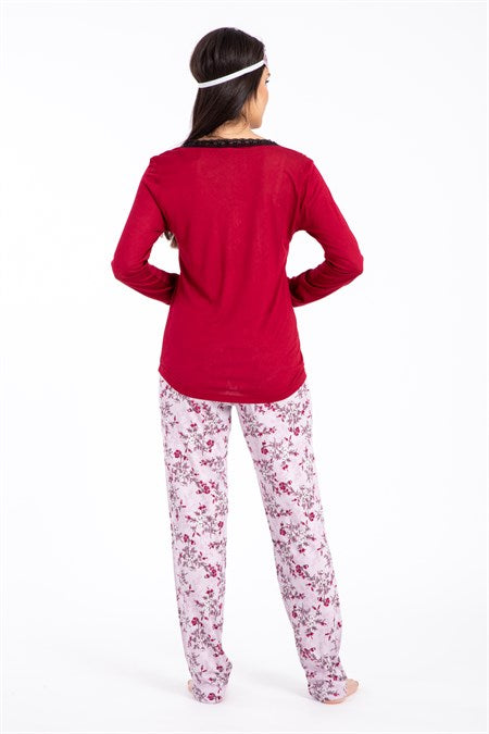 Women's Lace Detail Claret Red Viscose Pajama Set