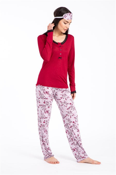 Women's Lace Detail Claret Red Viscose Pajama Set