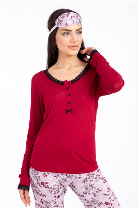 Women's Lace Detail Claret Red Viscose Pajama Set