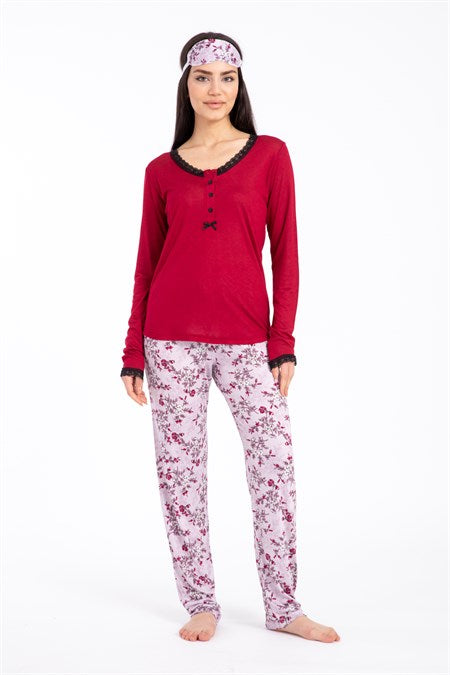 Women's Lace Detail Claret Red Viscose Pajama Set