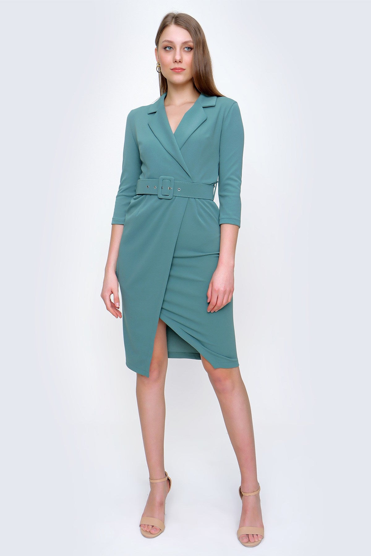 Women's Wrap Collar Mint Green Lycra Dress