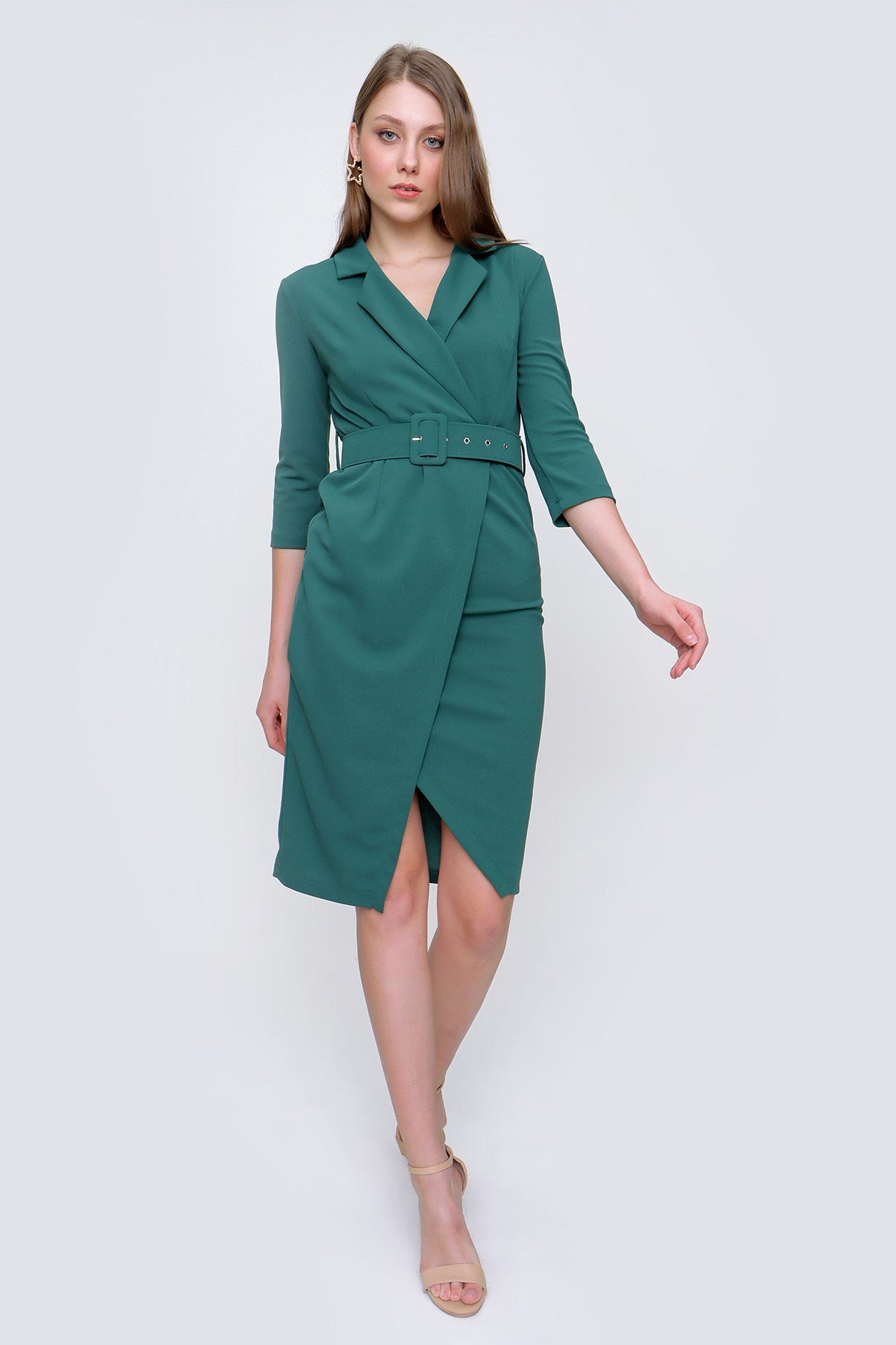 Women's Wrap Collar Emerald Green Lycra Dress