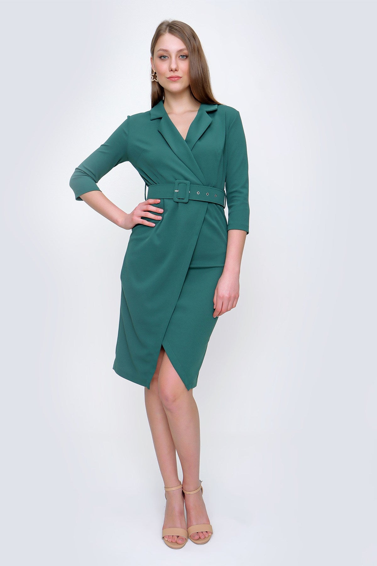 Women's Wrap Collar Emerald Green Lycra Dress