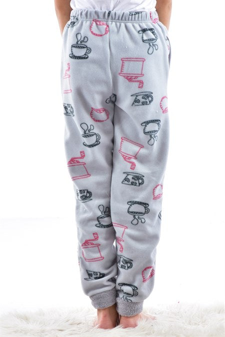 Girl's Patterned Grey Polar Fleece Pajama Pants