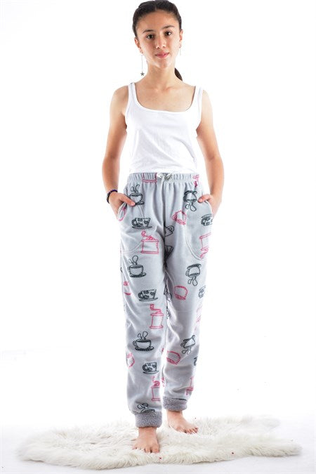 Girl's Patterned Grey Polar Fleece Pajama Pants