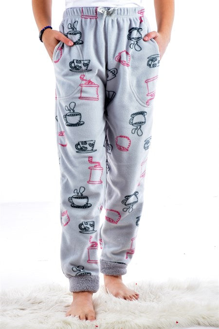 Girl's Patterned Grey Polar Fleece Pajama Pants